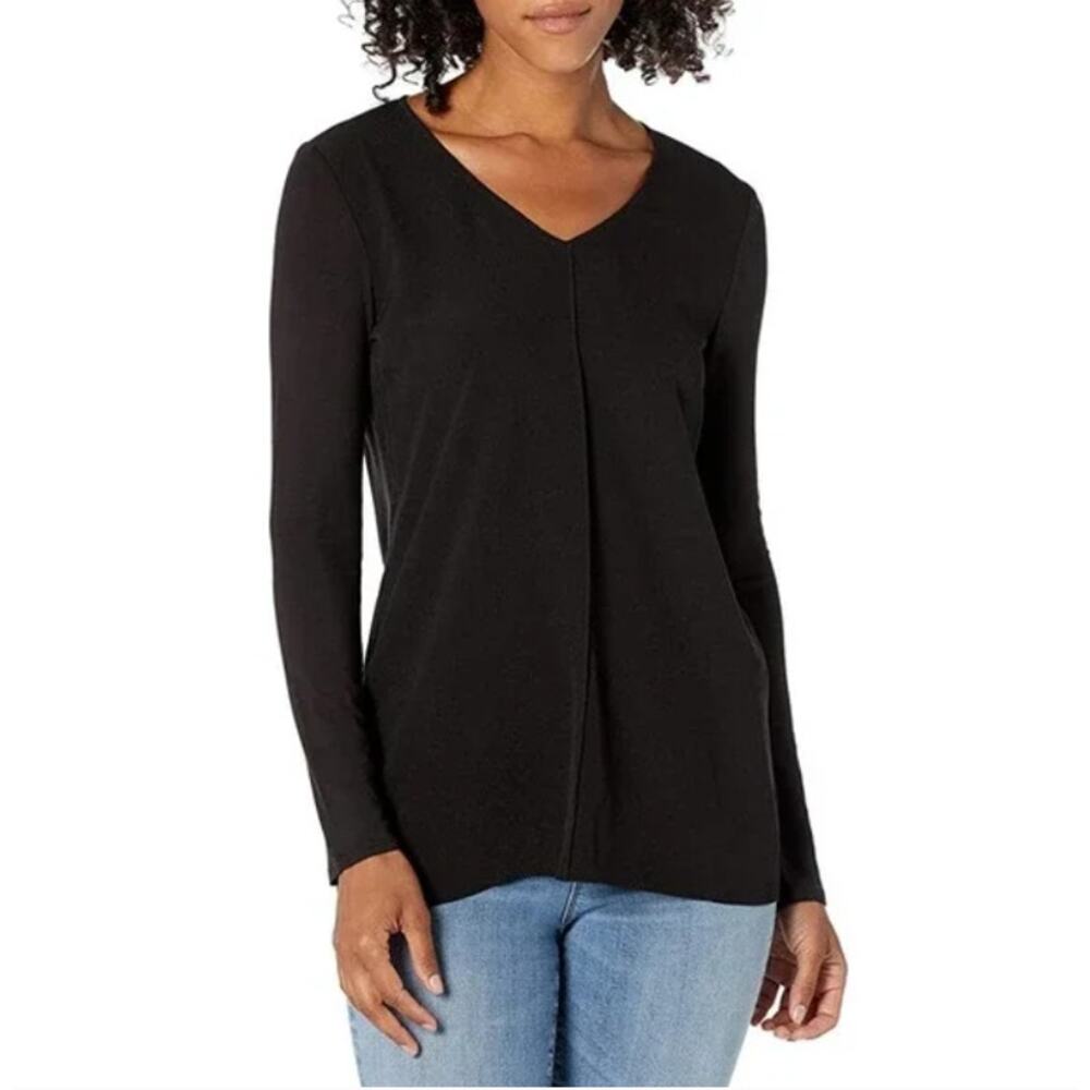 Lysse Linden Long Sleeve V Neck Top Black Women's Small